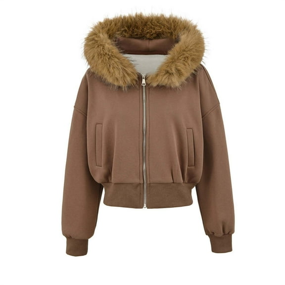 JGGSPWM Womens Faux Furry Collar Trim Zip-Up Hoodie Fleece Lining Casual Oversized Hooded Jacket Outwear Coat with Pockets Brown M