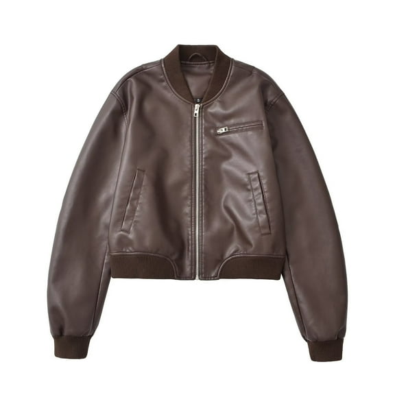 JGGSPWM Womens Faux Leather Bomber Jackets Vintage Casual Long Sleeve Hoodless Leather Coat Jacket Collar Zip Up Cropped Biker Coat Brown L