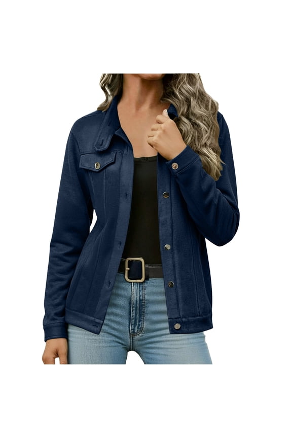 Womens Faux Suede Jackets Button Down Long Sleeve Shackets Coat Trendy Solid Color Fashion Fall Spring Clothes Blue M