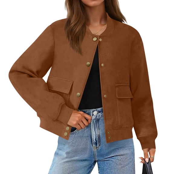 JGGSPWM Womens Faux Suede Leather Bomber Jacket Cropped Button Down Long Sleeve Casual Temperament Short Coat With Pockets Brown M