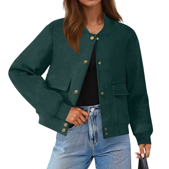 JGGSPWM Womens Faux Suede Leather Bomber Jacket Cropped Button Down Long Sleeve Casual Temperament Short Coat With Pockets Green M