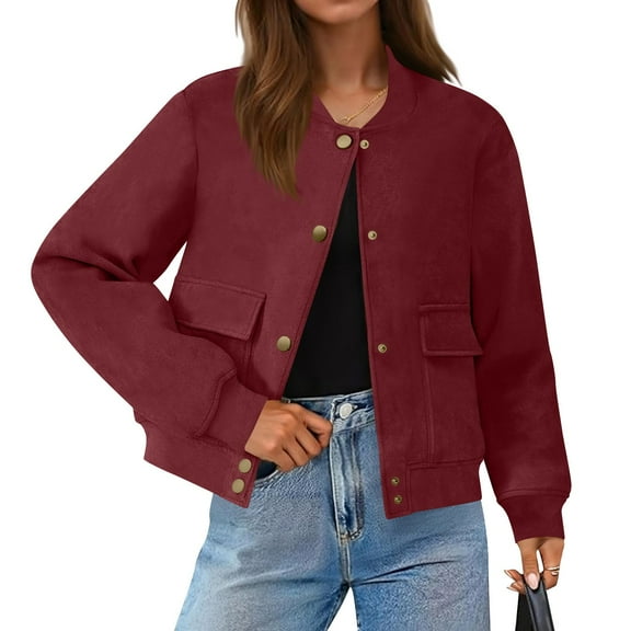JGGSPWM Womens Faux Suede Leather Bomber Jacket Cropped Button Down Long Sleeve Casual Temperament Short Coat With Pockets Red XXL