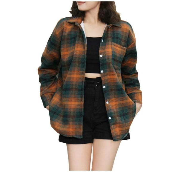 JGGSPWM Womens Flannel Plaid Shirt Regular Long Sleeve Button Down Shirts Pocket Turndown Collar Casual Jacket Outwear for Women Brown M