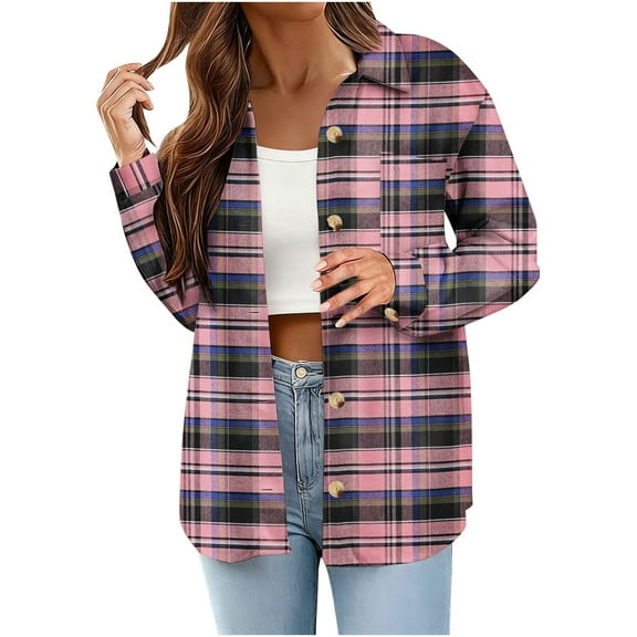 JGGSPWM Womens Flannel Plaid Shirts Trendy Fall Cardigan Long Sleeve Casual Collared Button Down Shirt Loose Blouse Top Pink S