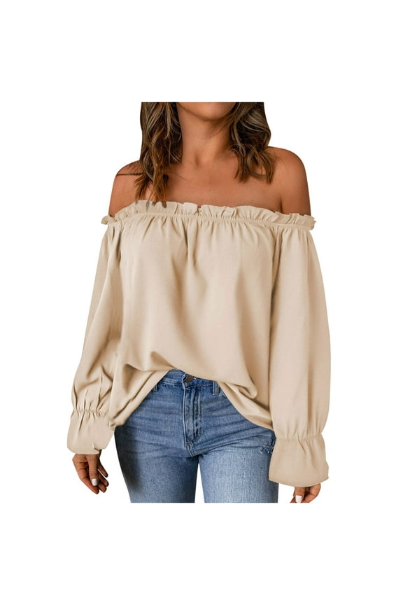 Womens Flattering Plus Size Ruffle Trim Solid Blouse Lightweight Junior's Tunic Pullover Off the Shoulder Puff Long Sleeve Shirts Beige XXXL