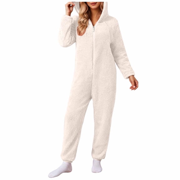 JGGSPWM Womens Fleece Onesie Pajamas Jumpsuit Warm Sherpa Romper Sleepwear Soft Comfy Zipper Hooded Playsuit Loungewear Beige M