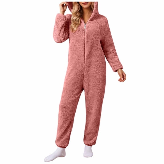 JGGSPWM Womens Fleece Onesie Pajamas Jumpsuit Warm Sherpa Romper Sleepwear Soft Comfy Zipper Hooded Playsuit Loungewear Pink L