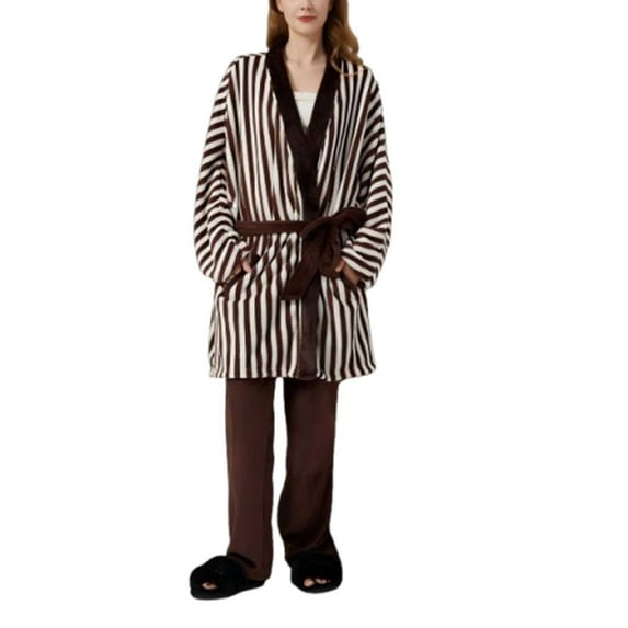 JGGSPWM Womens Fleece Pajamas Set 2 Piece Comfy Lounge Sets Striped Robe with Belt Wide Leg Pant Fall Winter Warm Sleepwear Brown M