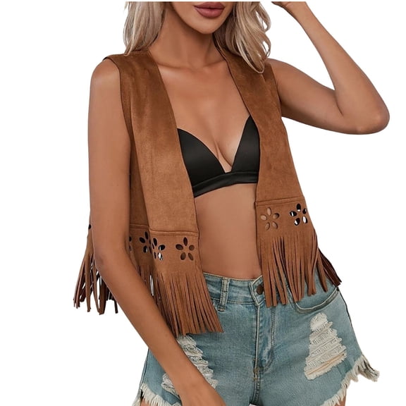 JGGSPWM Womens Fringe Vest Cowgirl Western Outfits 70s Hippie Clothes Sleeveless Hollow Out Faux Suede Tassel Outerwear Brown XXL