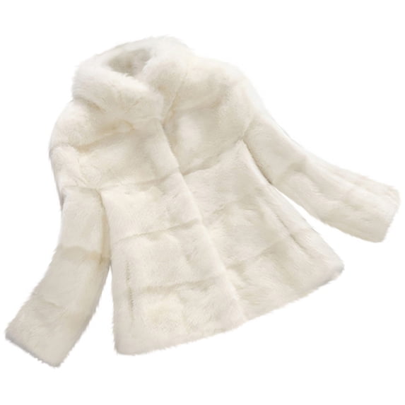 JGGSPWM Womens Fuzzy Jacket Outwear Solid Lapel Collar Warm Dressy Fancy Winter Long Sleeve Fluffy Coat White L