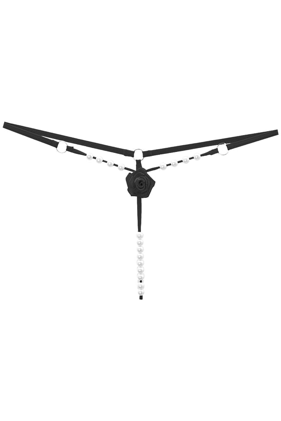 Womens G-String Pearl Crotchless Thong Hollow Out 3D Flower Decor Underpants Black One Size