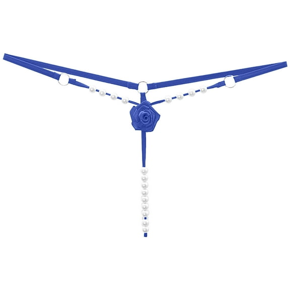 JGGSPWM Womens G-String Pearl Crotchless Thong Hollow Out 3D Flower Decor Underpants Blue One Size