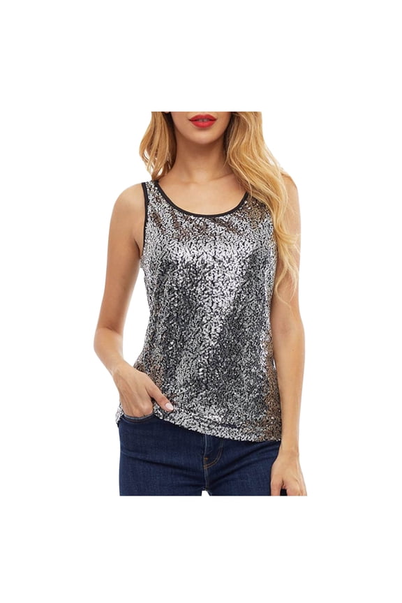 Womens Glitter Sequins Tank Tops Camisole Scoop Neck Sleeveless Shirts Clubwear Metallic Tunic Tees Silver S