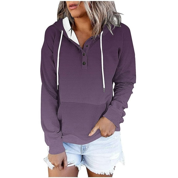 JGGSPWM Womens Gradient Printed Hoodies Button Collar Drawstring Hooded Pullover Sweatshirt Casual Long Sleeve Tops Shirts Purple M