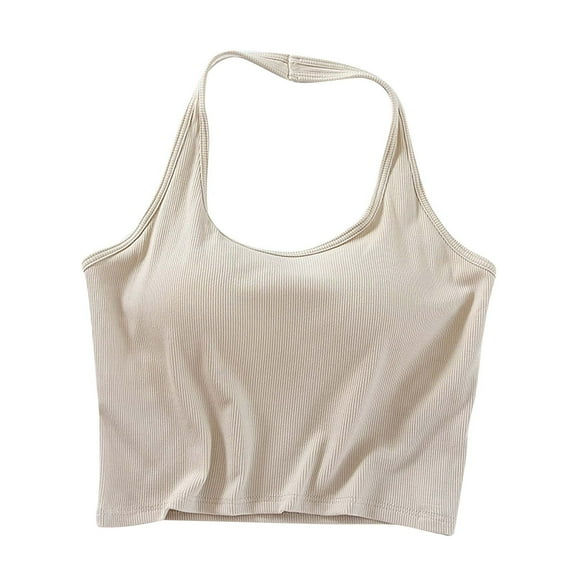 JGGSPWM Womens Halter Neck Padded Tank Tops Ribbed Knit Comfort Support Build in Bra Crop Camisoles Workout Tops Beige L