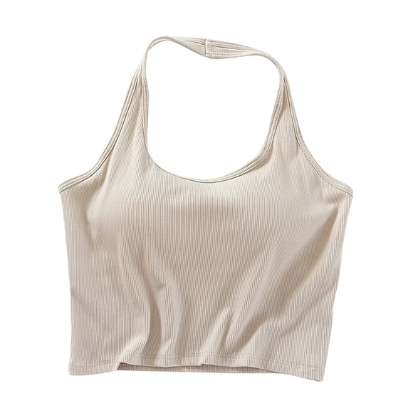 JGGSPWM Womens Halter Neck Padded Tank Tops Ribbed Knit Comfort Support Build in Bra Crop Camisoles Workout Tops Beige S