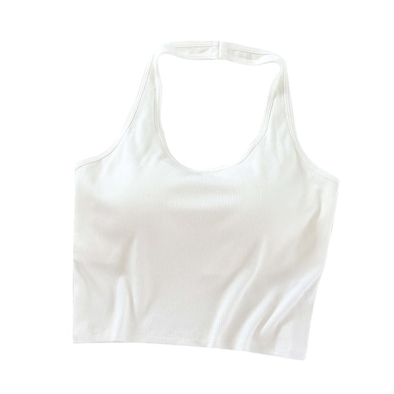 JGGSPWM Womens Halter Neck Padded Tank Tops Ribbed Knit Comfort Support Build in Bra Crop Camisoles Workout Tops White M