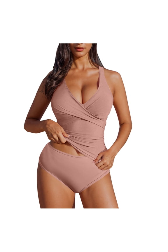 Womens Halter Tankini Swimsuit Tummy Control Bathing Suit Two Piece Swimsuit Summer Solid Color V Neck Swimwear Yellow M