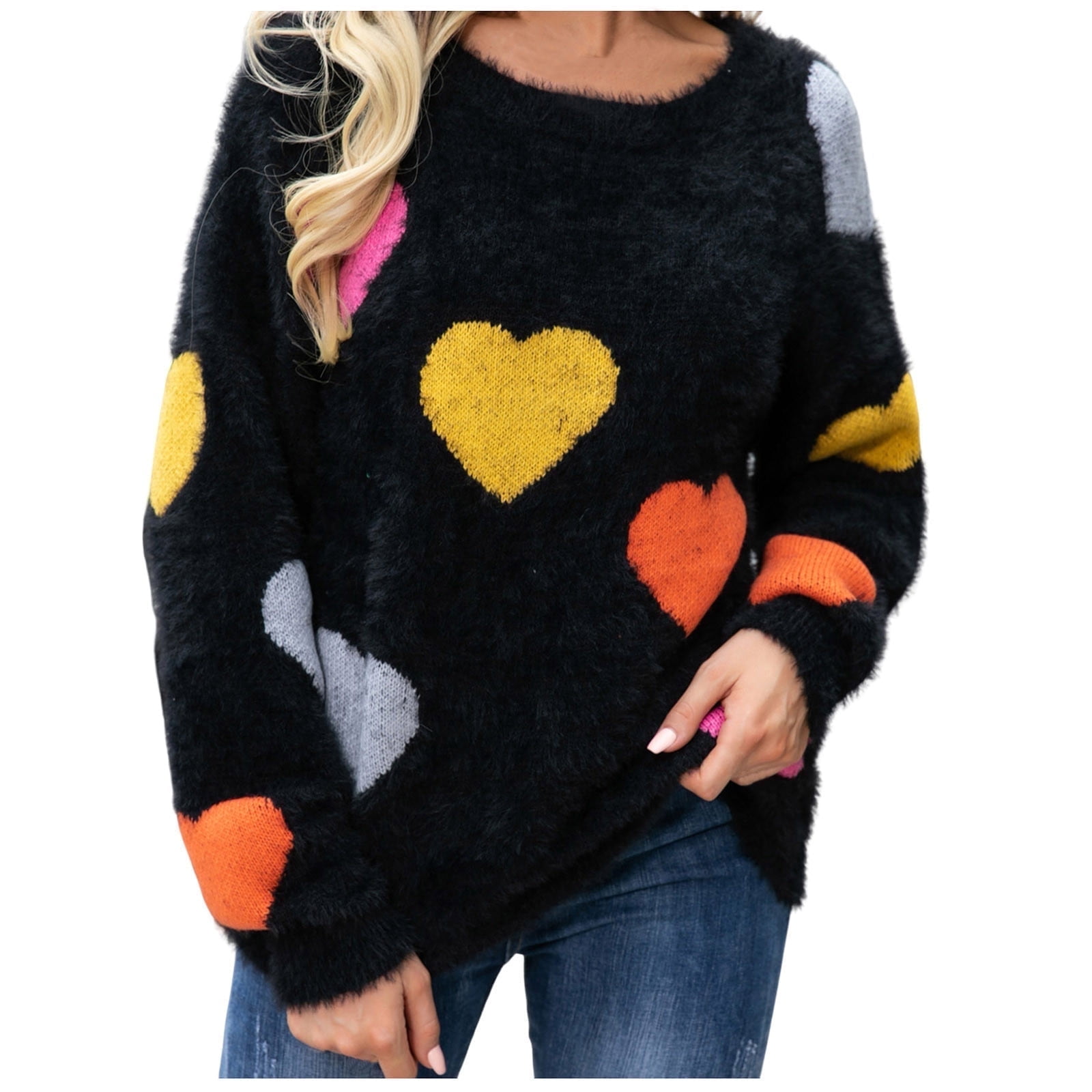JGGSPWM Womens Heart Print Sweaters Long Sleeve Valentines Sweater Winter Pullover Cute Jumper Crew Neck Sweaters Black XL Walmart