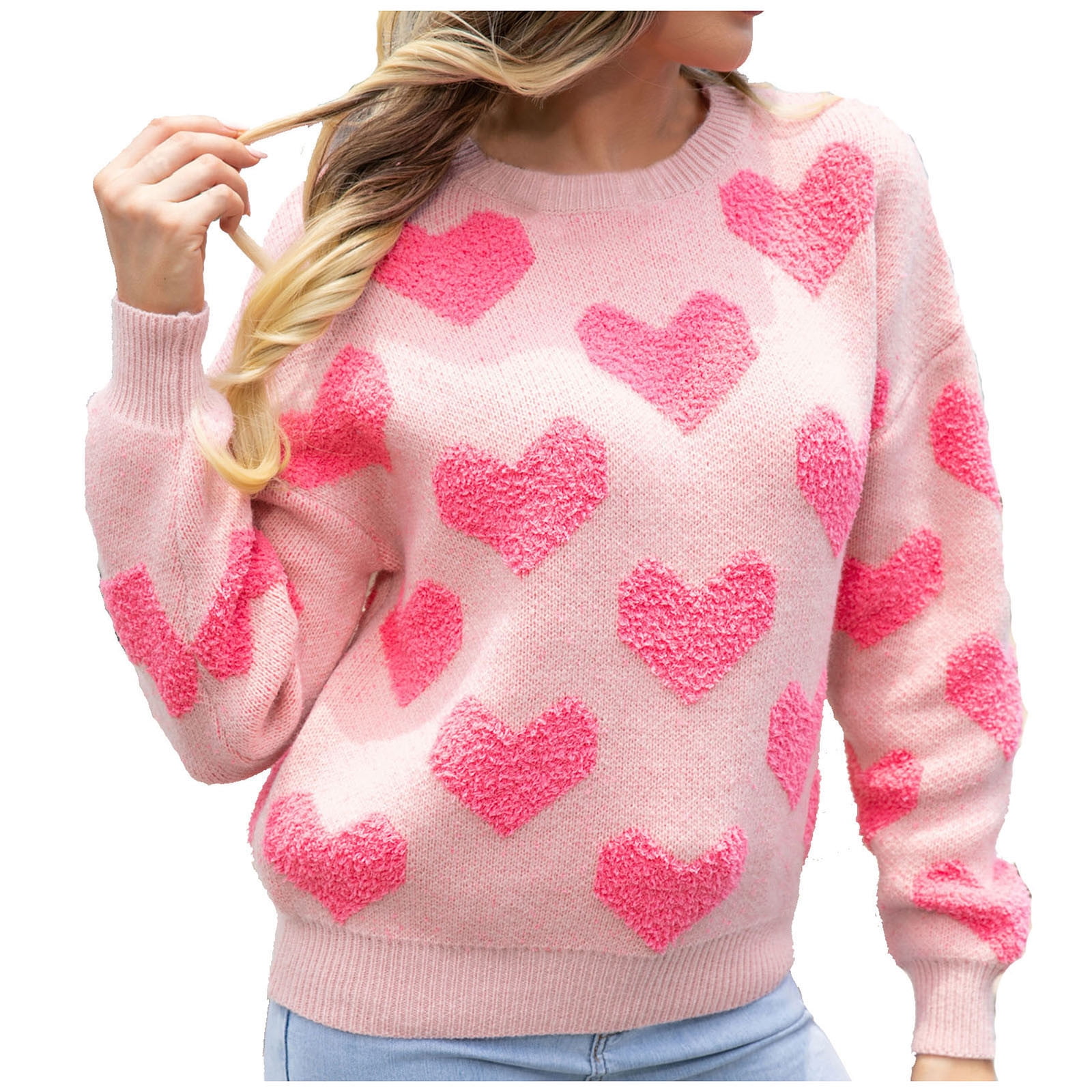 JGGSPWM Womens Heart Print Sweaters Long Sleeve Valentines Sweater ...