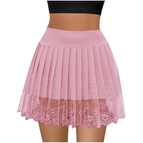 JGGSPWM Womens High Waist Pleated Skirt Lace Mini Skirts Fashionable Casual Dance Party Short Going Out Skirt Pink S