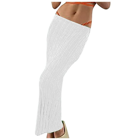 JGGSPWM Womens High-Waist Ribbed Midi Skirt Versatile Fashion Leisure Home Resort Beach Mid Length Skirts White M