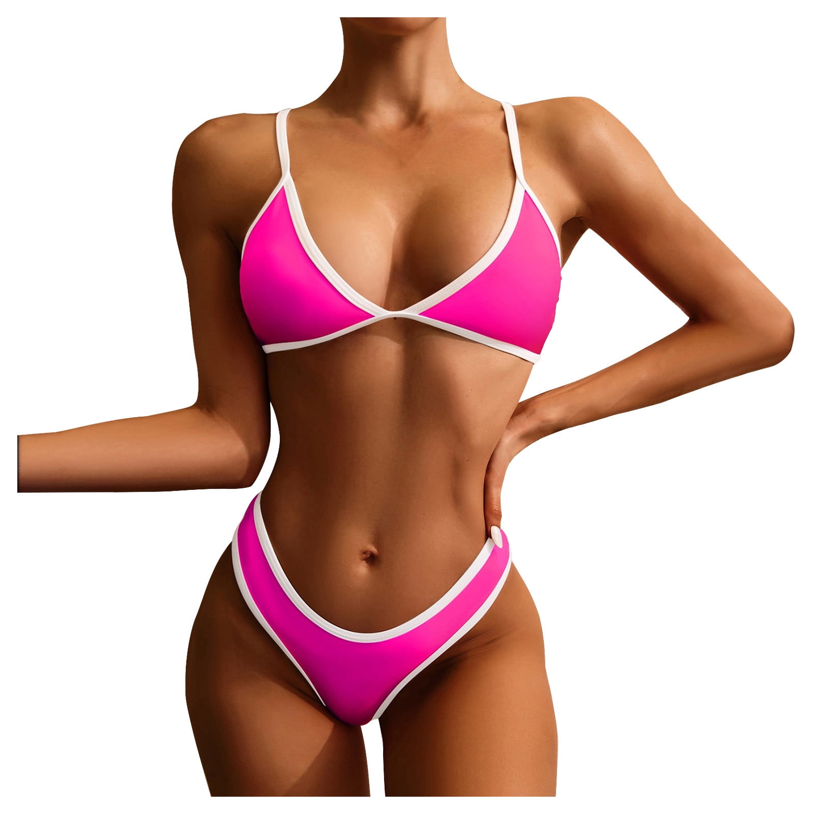 JGGSPWM Womens High Waist Two Pieces Bikini Set Color Block Striped  Swimsuit Adjustable Bathing Suit Wireless Paded Tops and Panties Hot Pink L