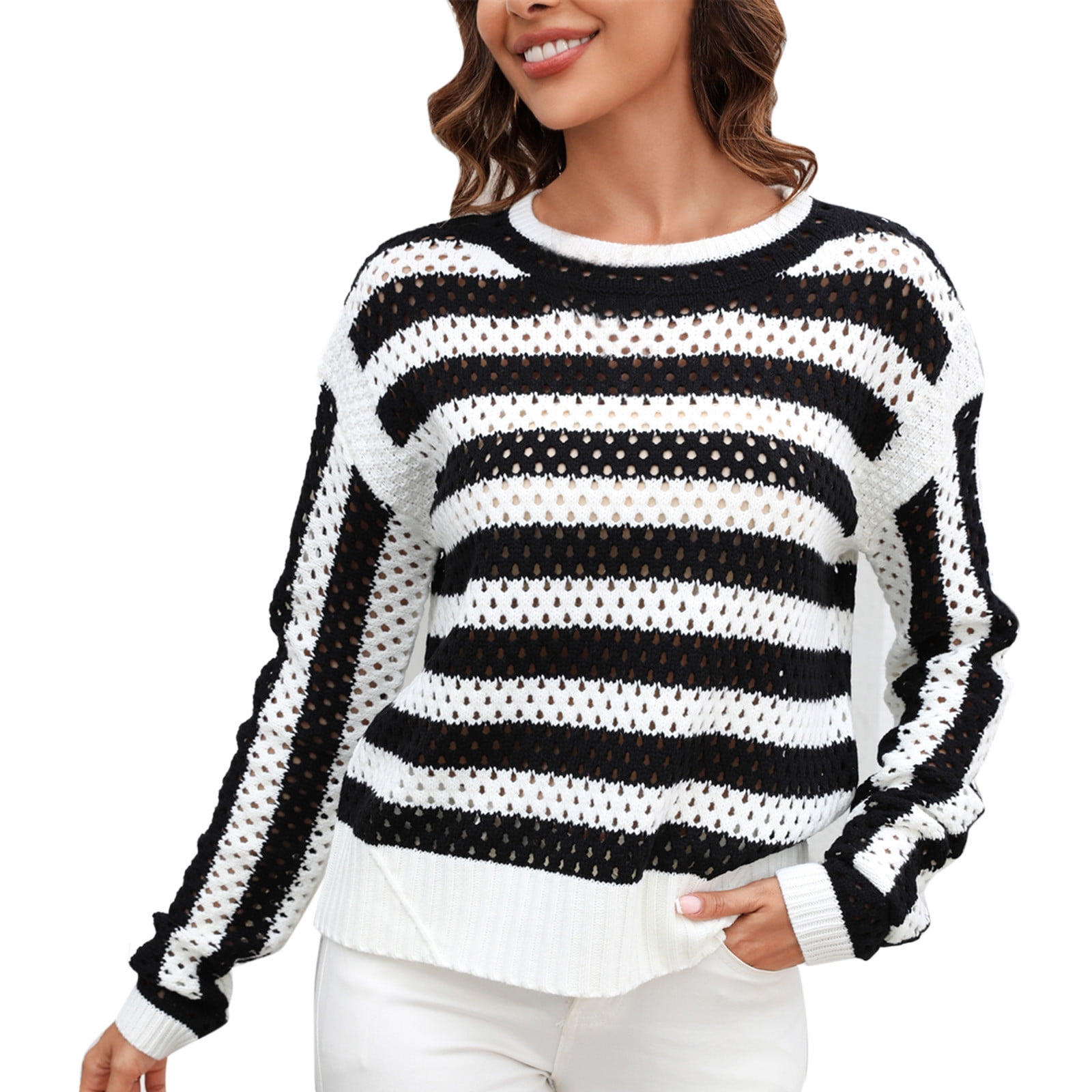 JGGSPWM Womens Hollow Knit Striped Sweaters Long Sleeve Spring Sweater
