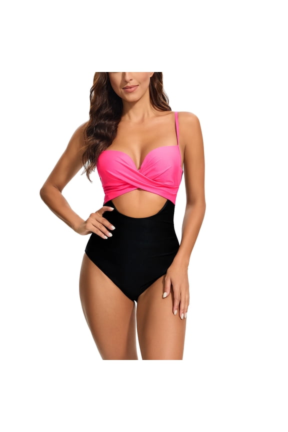 Womens Hollow Out Color Block Beacherwear Summer Bathing Suit Sweetheart Neck Swimwear One Piece Swimsuits Pink M