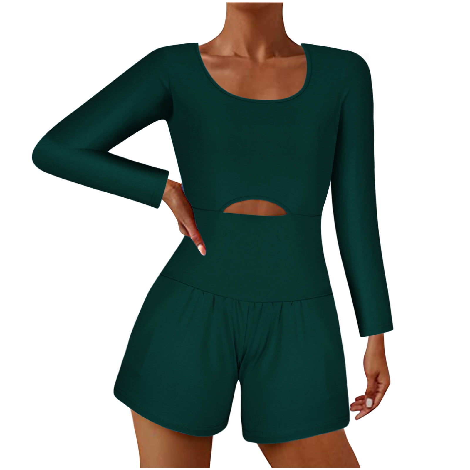 JGGSPWM Womens Hollow Out Tennis Athletic Romper Long Sleeve Workout  Jumpsuits Running One Piece Outfits Gym Onesie Army Green L 