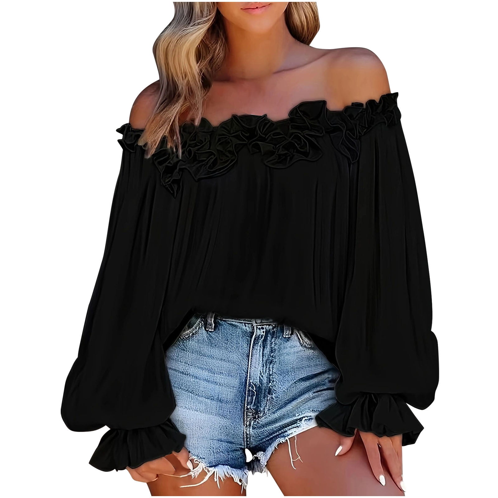 RANDEBOO - 【RANDEBOO】 Volume chiffon tops  Black JGGSPWM Womens Large Size Tops Off The Shoulder Shirt Puff Long