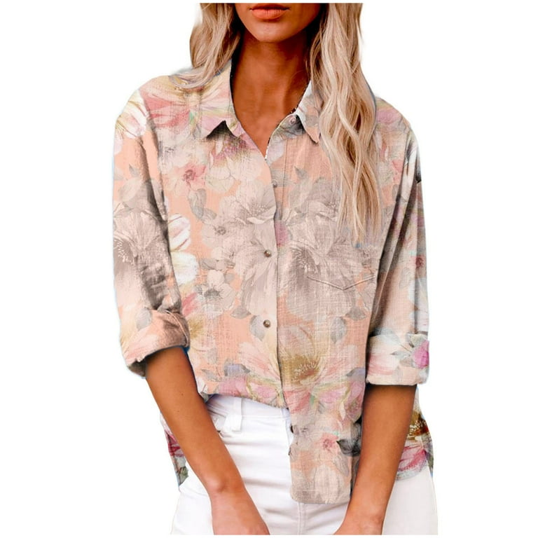 JGGSPWM Womens Linen Blouses Vintage Fancy Floral Print Linen Shirts for Women Button Down Lapel Collar Spring Fall Cotton Linen Shirts Long Sleeve Linen Tops with Pocket Pink M Walmart