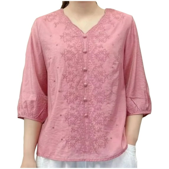 JGGSPWM Womens Linen Button Short Sleeve Summer Boho Top Loose Crew Neck Casual Vintage Embroidered Shirts Blouse Pink L