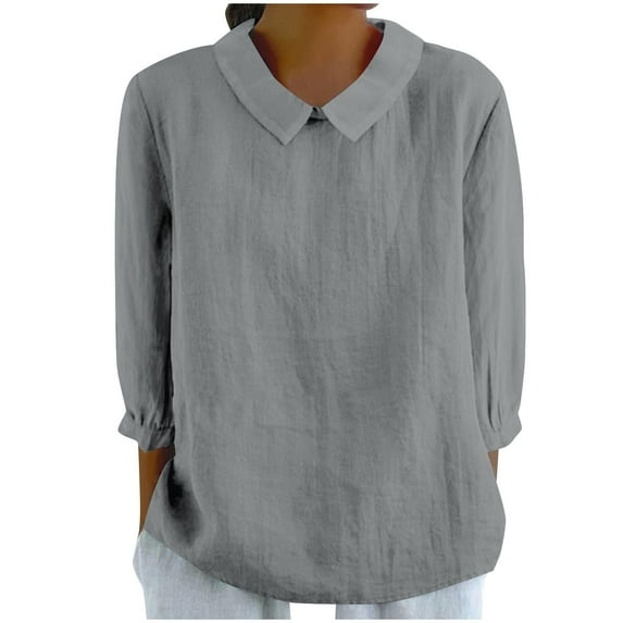 JGGSPWM Womens Linen Peter Pan Collar Blouse Casual 3 4 Sleeve Button Back T Shirt Gray S