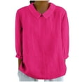 thumbnail image 1 of JGGSPWM Womens Linen Peter Pan Collar Blouse Casual 3 4 Sleeve Button Back T Shirt Hot Pink 3XL, 1 of 5