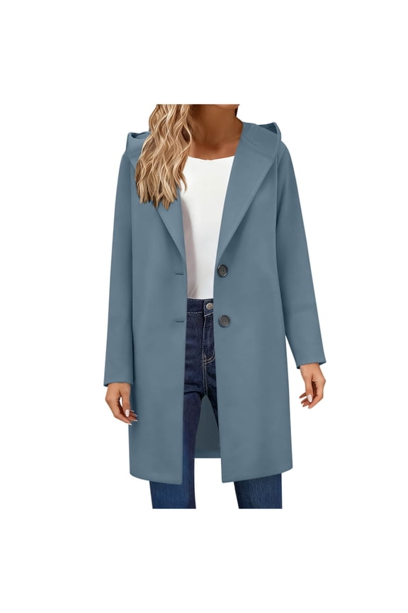 Womens Long Double Breasted Coats Lapel Collar Pea Coat Warm Winter Loose Long Sleeved Jackets Trench Coat Outwear Blue S