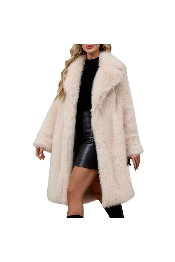 Womens Long Faux Furry Coat Oversized Loose Winter Jackets Trendy Luxury Trench Coat Open Front Lapel Outerwear Yellow M
