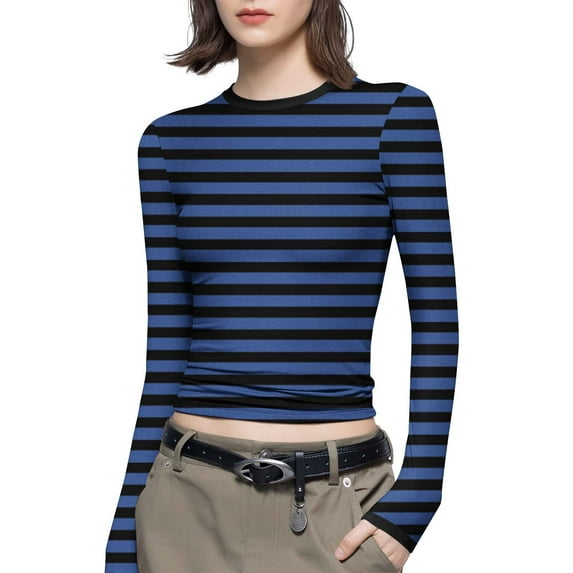 JGGSPWM Womens Long Sleeve Pullover Tops Blouse Stripe Y2K Aesthetic Slim Fit Round Neck Plus Size Base Undershirts Shirts Blue M