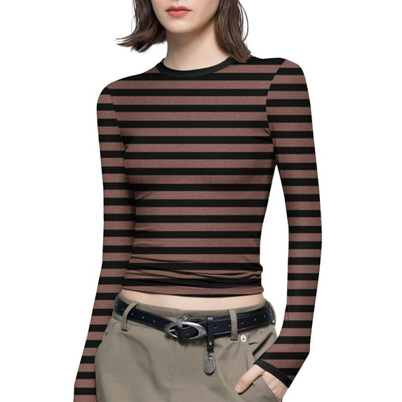 JGGSPWM Womens Long Sleeve Pullover Tops Blouse Stripe Y2K Aesthetic Slim Fit Round Neck Plus Size Base Undershirts Shirts Brown XL