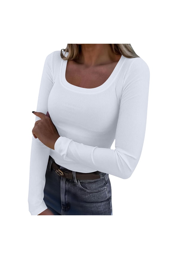 Womens Long Sleeve Scoop Neck Ribbed Knit Fitted Casual Tops Tee Slim Basic Shirts Soft Breathable Layer Top White M