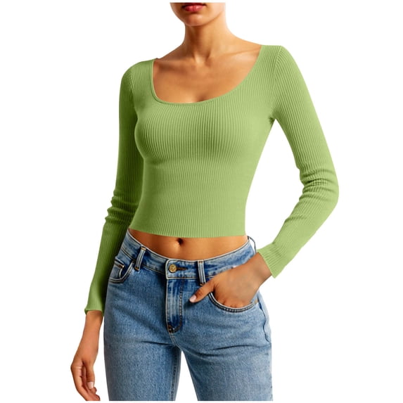 JGGSPWM Womens Long Sleeve Shirts Square Neck Tops Ribbed Knit Basic Teen Girls Crop Tops Fall Outfits Fashion Clothes Green XL