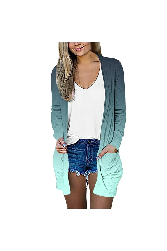 Womens Lovely Ombre Cardigan Open Front Long Sleeve Shirts Dressy Casual 2023 Fall Tunic Cardigan Light Blue L