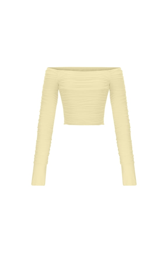 Womens Mesh Chiffon Crop Tops Off The Shoulder Slim Fit Tshirt Tee Shirts Tunic Solid Long Sleeve Tops Y2k Blouse Pullover Yellow S