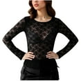 thumbnail image 1 of JGGSPWM Womens Mesh Long Sleeve Tops Lace Sexy Sheer See Through Crew Neck Tight Shirts Causal Blouse Party Club Outfits Black L, 1 of 9