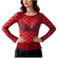 thumbnail image 1 of JGGSPWM Womens Mesh Long Sleeve Tops Lace Sexy Sheer See Through Crew Neck Tight Shirts Causal Blouse Party Club Outfits Red S, 1 of 9