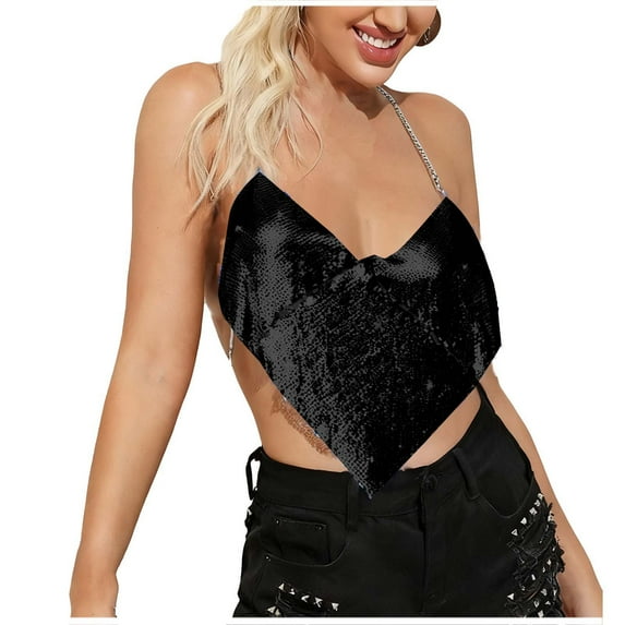 JGGSPWM Womens Metallic Sequin Chain Tank Top Deep V Neck Open Back Sleeveless Halter Sparkly Rhinestone Party Clubwear Top Black Free Size