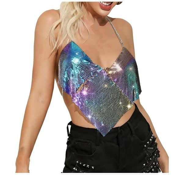 JGGSPWM Womens Metallic Sequin Chain Tank Top Deep V Neck Open Back Sleeveless Halter Sparkly Rhinestone Party Clubwear Top Multicolor Free Size