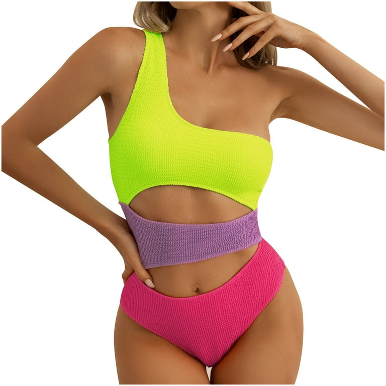JGGSPWM Womens Neon Color Block Swimsuit Ribbed Knit Bikini One Shoulder  Off Sleeveless Swimwear Padded Bathing Suit with Built in Bra Monokini One