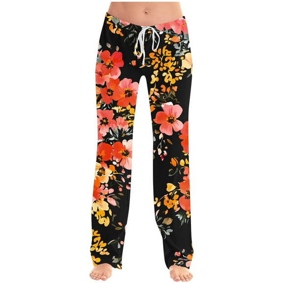 JGGSPWM Womens Non Positioning Printing Pants Casual Lounge Sleep Pants Wide Leg Pajama Bottoms Color Block PJ Pants with Pockets Black L