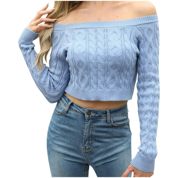 JGGSPWM Womens Off Shoulder Crop Tops Long Sleeve Knit Sexy Slim Fit Sweaters Bell Ribbed Wrap Pullover Jumper Tops Blue S